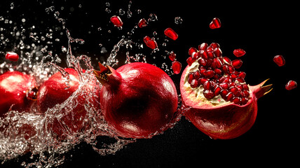 Pomegranates with seeds splashing in water against a black background, highlighting their vibrant red color and freshness.