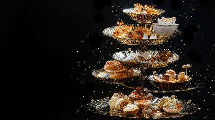 Luxurious multi-tiered display of gourmet desserts and pastries with sparkling gold accents against a dark backdrop, capturing the elegance and indulgence of high-end confectionery