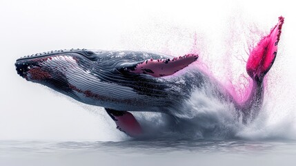 Wall Mural - Humpback Whale Leaping Through Water with Pink Splashes