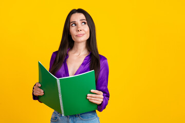 Canvas Print - Photo of lady hold book look profile side feel hesitation isolated bright color background