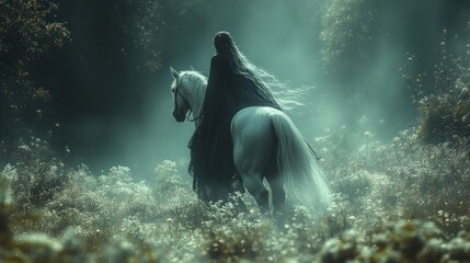 Canvas Print - A Woman Rides Through a Misty Forest on a White Horse