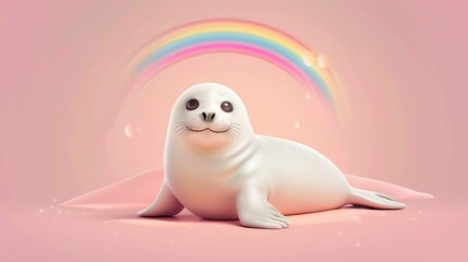 Canvas Print - A cartoon seal on a pink background with a rainbow above it.