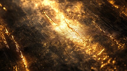Poster - Close-up of a shimmering golden surface with dramatic lighting, showcasing intricate textures and reflections.