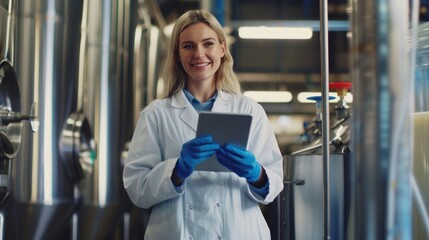 Aufkleber - A confident scientist in a lab coat smiles while holding a tablet. The clean industrial space features metallic equipment and bright lighting. This image showcases innovation in research. AI
