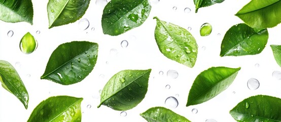 Poster - Green Leaves with Water Drops on White Background