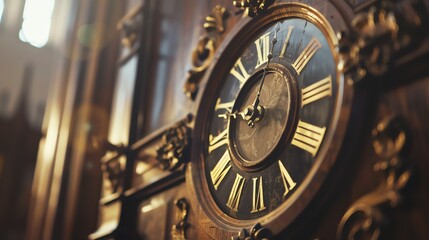 A close up of an antique clock face with roman numerals.