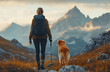 © FU - “Woman and Her Dog Hiking in the Mountains: A Panoramic View”