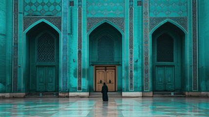 Moslem man prays in front of mosque