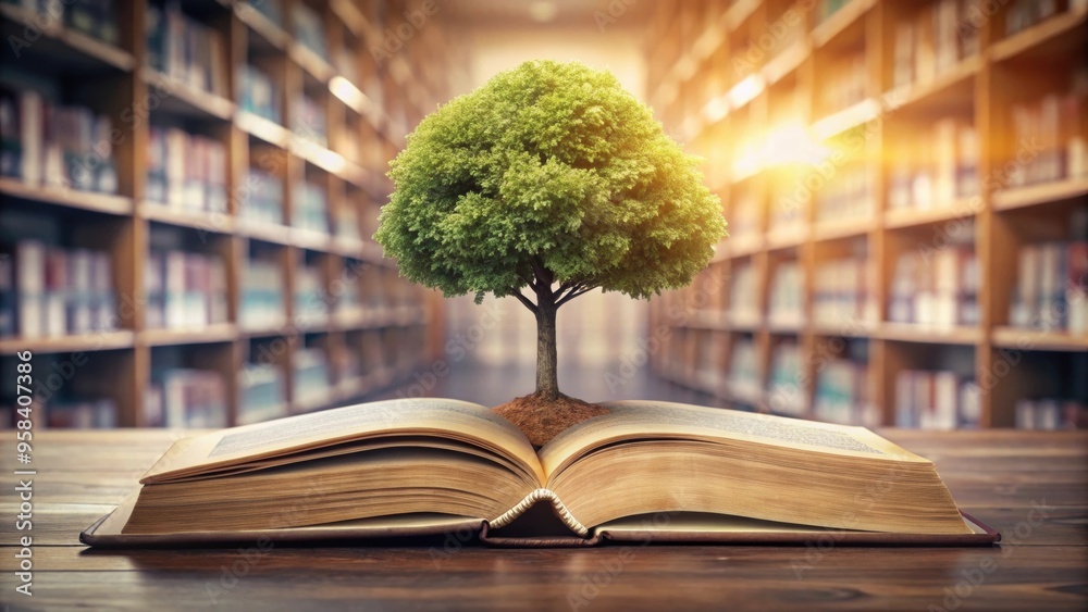 Tree of knowledge planting on an opening old big book in library full ...