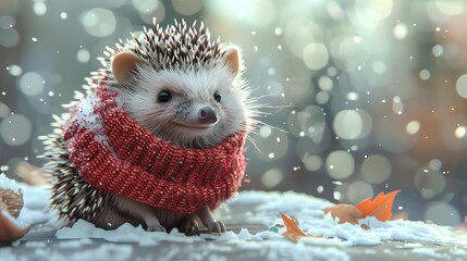 Wall Mural - A cute hedgehog wearing a red scarf, sitting on a snowy surface with falling snow and blurred background.