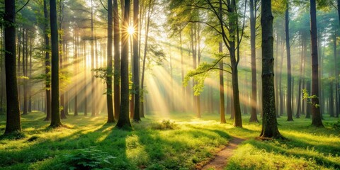 Wall Mural - Peaceful forest scene with soft sunlight filtering through the trees, creating a serene and tranquil atmosphere, forest