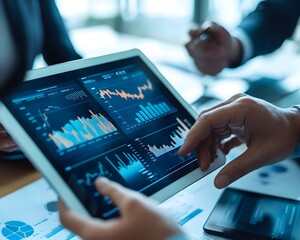 Poster - Business professionals analyzing financial data and charts on a digital tablet during a meeting in a modern office.