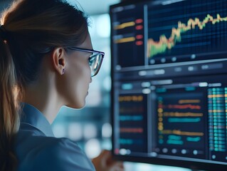 Poster - Businesswoman analyzing financial data on multiple computer screens in a modern office, focusing on charts and graphs.