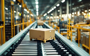 Poster - Cardboard box on a conveyor belt in a busy warehouse. Background of industrial logistics and automation. Packaging and distribution center.