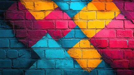 Colorful geometric patterns on a brick wall create an eye-catching urban art display, perfect for creative backgrounds.