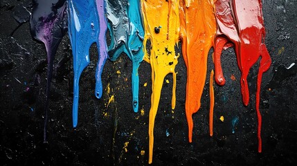 Poster - Colorful paint drips create a vibrant and artistic background, showcasing a blend of hues on a dark surface.
