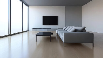 Modern minimalist living room with sleek white furniture and natural light streaming through large windows.