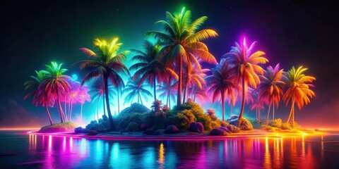 Vibrant and colorful neon island scene at night , Neon, Island, Night, Vibrant, Colorful, Tropical, Paradise, Glowing