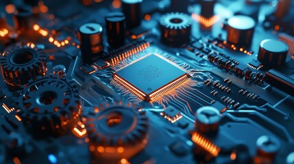 Wall Mural - Close-up of a glowing processor with gears on a circuit board