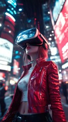 Sticker - Woman in VR headset walks through a rainy city at night