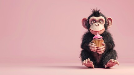 Poster - A cute cartoon chimp holds a cupcake on a pink background.