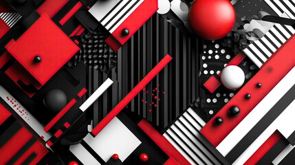 Poster - Dynamic abstract composition featuring bold red, black, and white geometric shapes and spheres, ideal for modern design themes.