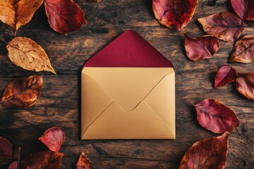 Elegant autumn mockup with a red-lined golden envelope on rustic wooden surface with scattered fall leaves