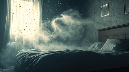 Poster - Airborne germs and dust particles swirling around a bedroom, settling on the bed. Highlighting the hidden risks of contamination.