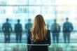 © Tapanut - Professional woman contemplating future opportunities in corporate setting with blurred background of business people.
