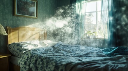 Poster - Airborne germs and dust particles swirling around a bedroom, settling on the bed. Highlighting the hidden risks of contamination.