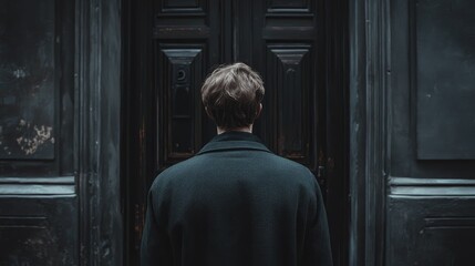 Back view of a man standing in front of a dark door, looking heartbroken and defeated. The scene is filled with sadness and despair.