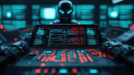 Poster - Advance Security Data Management Planning, Futuristic control room featuring a holographic interface and a mysterious figure, evoking a sense of advanced technology and intrigue.