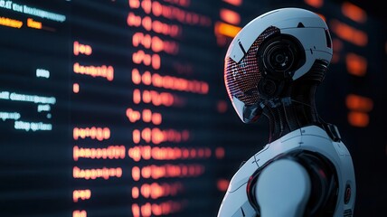 Poster - Advance Security Data Management Planning, Futuristic robot standing in front of complex data display, showcasing technology and artificial intelligence concepts.
