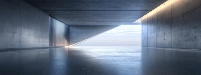 Poster - 3D rendering of a smooth interior in an empty dark abstract concrete room with an illuminated night view