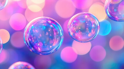 Poster - Bright and colorful bubbles in shades of pink, blue, and purple, with a stunning bokeh backdrop for a whimsical effect.