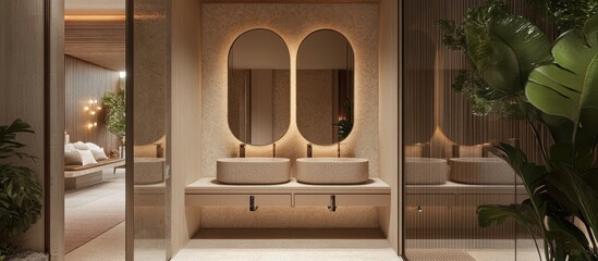 Fototapete - 3D rendering of wash basins within a shower area in a communal living space