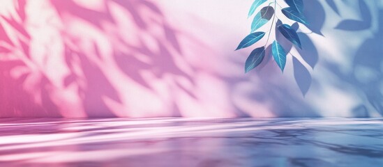 Fototapete - 3D rendering of a minimalistic light background featuring blurred foliage shadows on a wall complemented by a marble floor for an elegant presentation backdrop