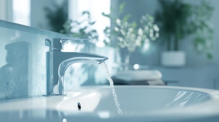 Fototapete - 3D rendering of a faucet with a water drop in a bathroom setting featuring ample copy space
