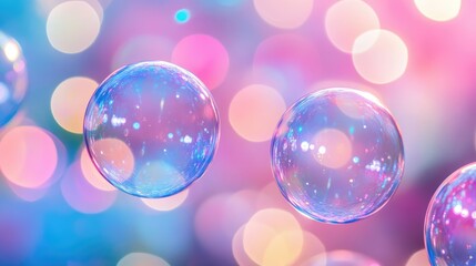 Poster - Bright and colorful bubbles in shades of pink, blue, and purple, with a stunning bokeh backdrop for a whimsical effect.