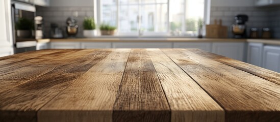 Poster - 3D rendering of an empty beautiful wooden table top with a blurred bokeh effect showcasing a modern kitchen interior background that is clean and bright ideal for product montage