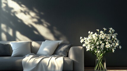 Canvas Print - 3D rendering of a modern living room interior featuring a comfortable sofa fresh flowers and bright contemporary details with sunbeams illuminating a dark wall background