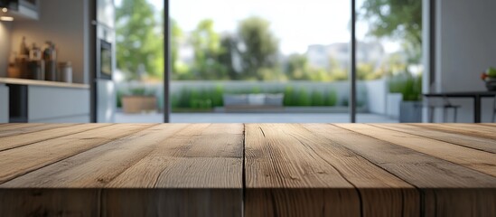 Poster - 3D rendering of a beautiful empty wood table with a blurred bokeh modern kitchen interior background ideal for product montage