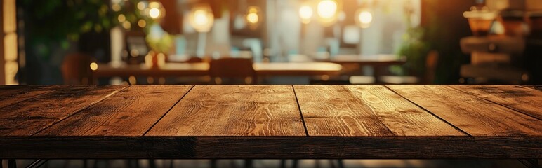 Poster - 3D rendering of an empty brown wooden table with a blurred coffee shop or restaurant background featuring bokeh effects ideal for photomontage or product display