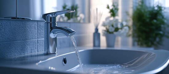 Fototapete - 3D rendering of a faucet and washbasin with a water drop in a bathroom