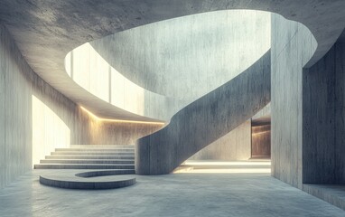 Poster - Abstract interior space with concrete elements 3D rendering and illustration of architectural design