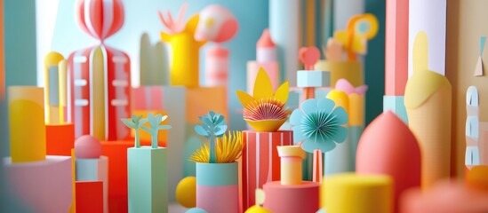 Poster - Colorful handmade paper toys showcased in a 3D rendering display for interior decoration Selective focus