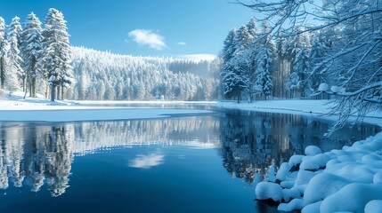 Wall Mural - A frozen lake surrounded by snowy evergreen trees.