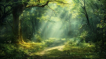 Wall Mural - Sunbeams break through the canopy of a lush, green forest.