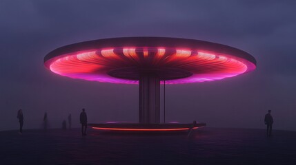 Enigmatic illuminated carousel in a fog, creating a dreamlike atmosphere at dusk.