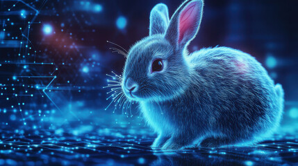 Futuristic digital Easter card with polygonal rabbit illustration. Cute cyber Easter bunny avatar